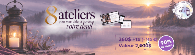 Image promotionnelle pour des ateliers sur le deuil, avec une lanterne et un paysage lacustre au coucher du soleil. Texte indiquant '8 ateliers pour vous aider à traverser votre deuil' et une offre spéciale.